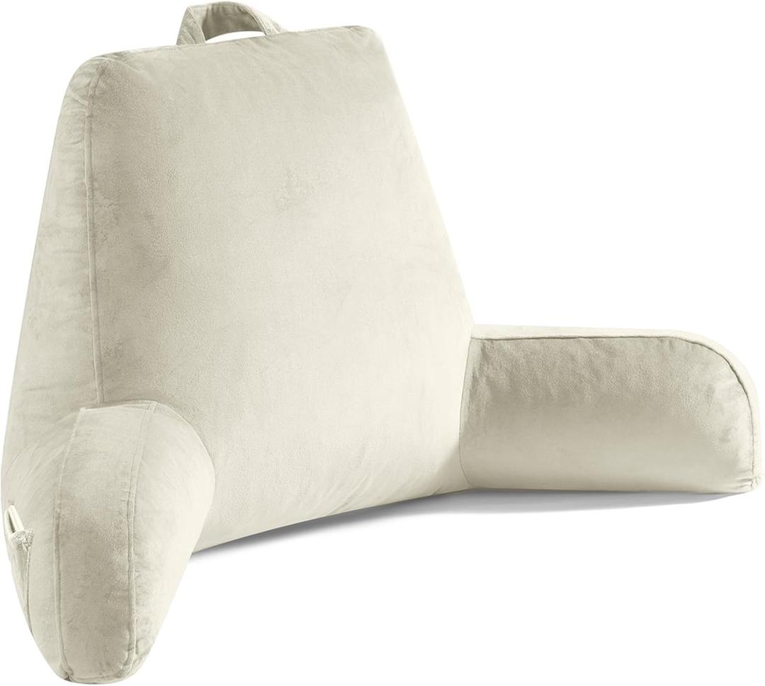 OAISZ Reading Pillow for Sitting in Bed Adult, Reading Pillow with Shredded Memory Foam, Bed Pillow with Washable Cover, Back Pillow Sitting Up with Extend Arms, Beige, X-Large, 19" H