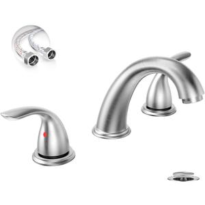 Phiestina 3-Hole 8 Inch Brushed Nickel Widespread Bathroom Faucet Low Arc 2-Handle Bathroom Vanity Faucet with Water Supply line & Metal Pop Up Drain, BF03008-K05-GBN