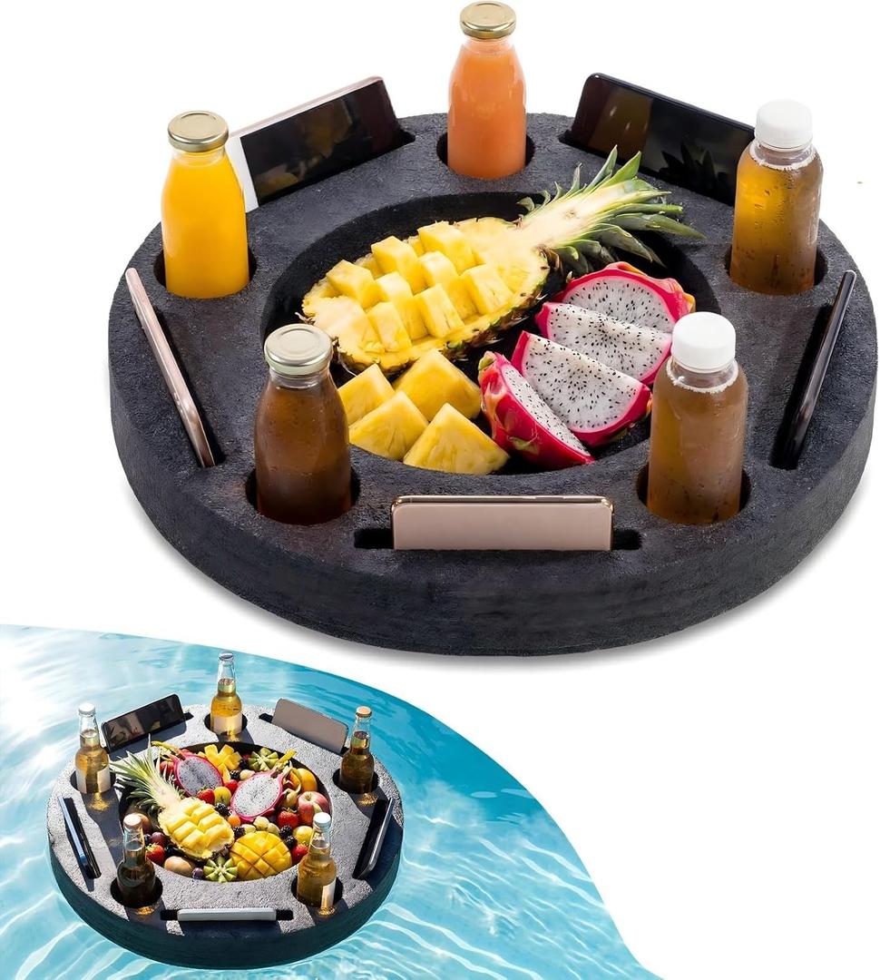 Qinyoung Large Floating Drink Holder Black Floating Refreshment Table Tray Compartment Portable Floating Pool Tray for Swimming Pool Accessories Hot Tub Beach and Party Decor, 19.7 in diameter, 2.36 in height