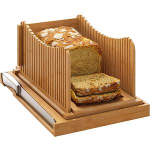 Large Bamboo Bread Slicer with Serrated Knife, Adjustable Bread Slicer Guide with 3 Thickness Size, Foldable Compact Chopping Cutting Board with Crumb Tray (Extra A - with Knife)