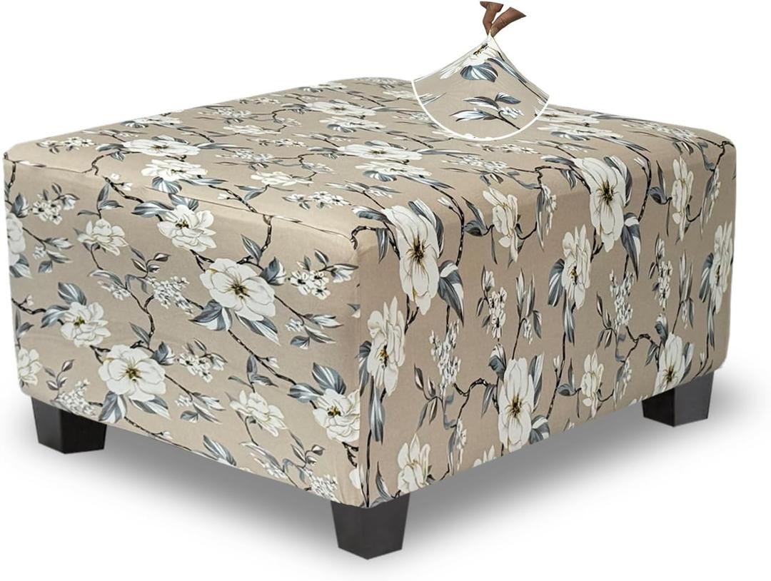 Ottoman Cover Square Slipcovers Printed,Stretch Footrest Stool Cover for Ottoman Square,Soft Foot Stool Cover Protector with Nonslip Elastic Bottom (Medium,Flower)