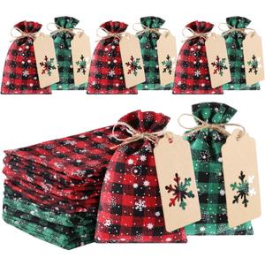 GlyinnHe 36PCS Christmas Drawstring Bag Buffalo Plaid Xmas Burlap Bag with Snowflake Bulk Jute Gift Goody Treat Bags with Kraft Tag for Xmas Holiday New Year Party Favors Supplies