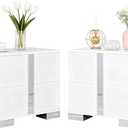 Modern White Nightstand Set of 2 for Bedroom, Elegant 2 Drawer Nightstand with Silver Mirrored Handle and Base, Wood End Table Sofa Side Table for Living Room Bedroom (White)