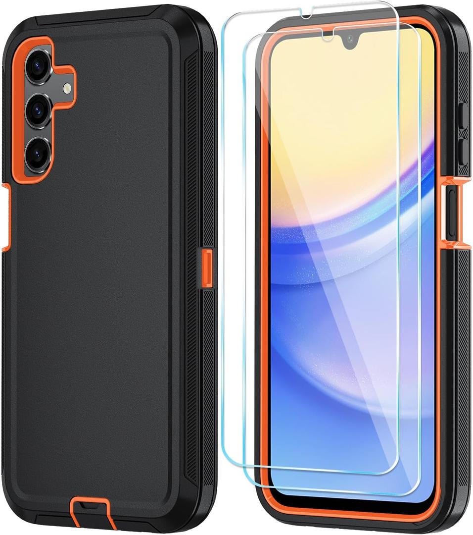 Qinmay Phone Case for Samsung Galaxy A15 5G Case with HD Screen Protector, Heavy Duty Shockproof & Dropproof 3-Layer Cover Phone Case for Galaxy A15,BlackOrange