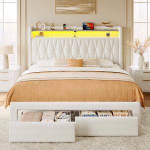 Rolanstar Queen Bed Frame with Drawers, Storage Headboard with Charging Station and LED Lights, Upholstered Bed with Heavy Duty Wood Slats, No Box Spring Needed, Noise Free, Easy Assembly, Beige