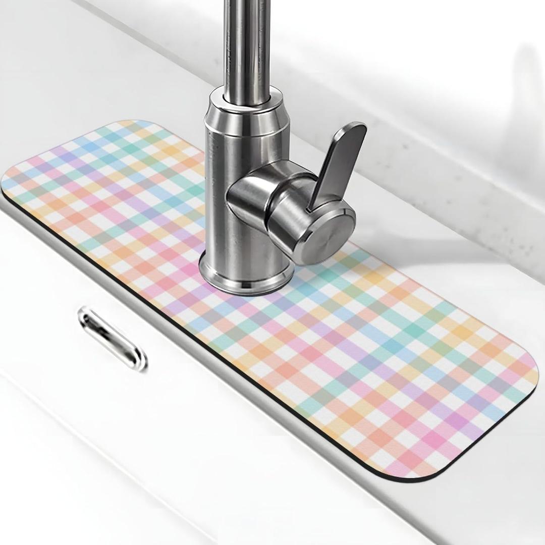 Happy Easter Colorful Buffalo Plaid Kitchen Sink Splash Guard Faucet Mat 1 Pcs, Absorbent Fast Drying Mat Gadgets Splash Guard For Bathroom 15 X 5.5 Inches