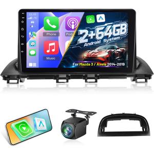 Car Radio for Mazda 3 Axela 2014-2019, [2+64] 9 inch Android Touchscreen Stereo with Carplay/Android Auto, GPS, WiFi, Bluetooth, SWC, Backup Camera + MIC, FM/RDS