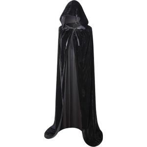 BIGXIAN Long Hooded Cloak Velvet Cape Witch Costume Halloween Costumes for Women Men (Black)