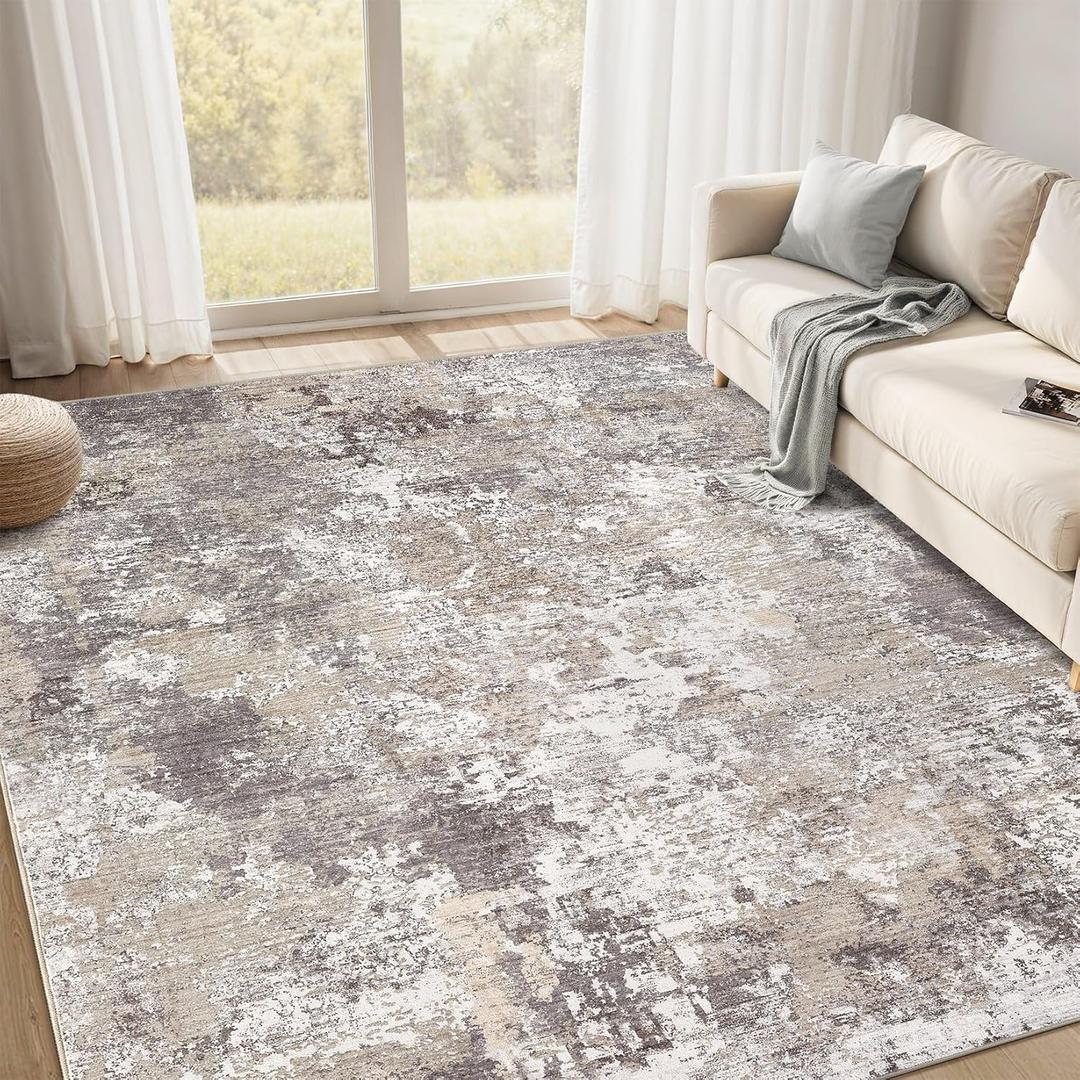 5x7 Washable Area Rugs for Living Room, Non Slip Soft Large Rugs for Bedroom Dining Room, Modern Abstract Low Pile Stain Resistant Carpet for Laundry Office Home Decor - Brown