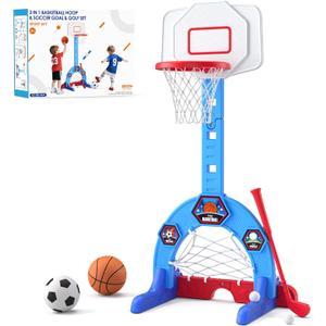 Toddler Basketball Hoop, 3-in-1 Sports Activity Center with Soccer Goal, Golf Game, 5 Height Adjustable Kids Basketball Hoop, Indoor Outdoor Playset Toys Gifts for Boys Girls 3-5, Blue