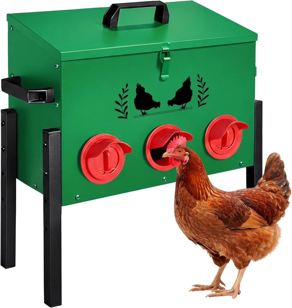 30 LB Large Automatic Chicken Feeder, No Waste Metal Poultry Feeder with 8 Ports, Weatherproof Outdoor Dispenser with Adjustable Legs & Locking Lid for Backyard Chickens, Green
