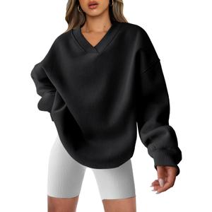 ANRABESS Womens Oversized V Neck Sweatshirt Fleece Long Sleeve Hoodies Pullover Comfy Top 2026 Outfits Teen Preppy Clothes Black X-Large