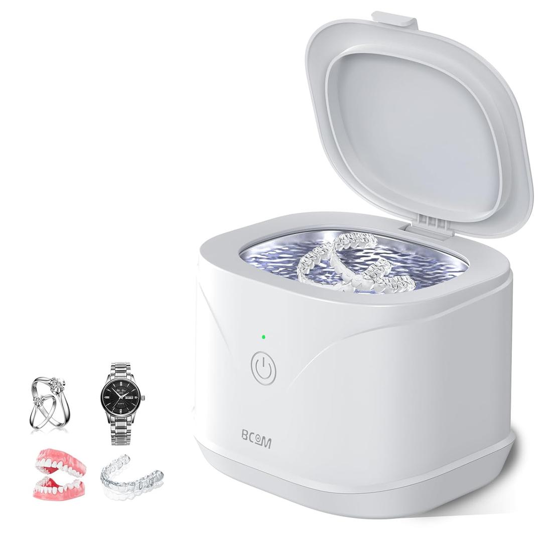 BCOM Ultrasonic Retainer Cleaner, Retainer Cleaner Machine 46kHz, Professional Portable Ultrasonic Jewelry Cleaner for Dental Retainer Pod, Mouth Guard, Watch, Ring, Jewelry - Household Use, White