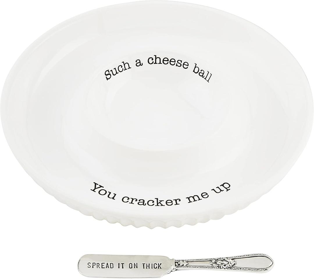 Mud Pie Circa Cheese Ball Dish Set,White, dish 1 1/2" x 9 1/2" dia | spreader 5 1/2"