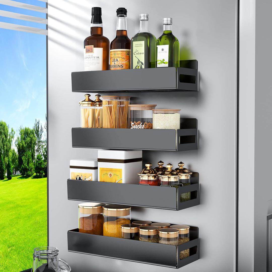 Magnetic Spice Rack Organizer For Refrigerator, Magnetic Shelf For Refrigerator And Microwave Oven, Metal Kitchen Organizer For Space Saver (4 Pack Black)