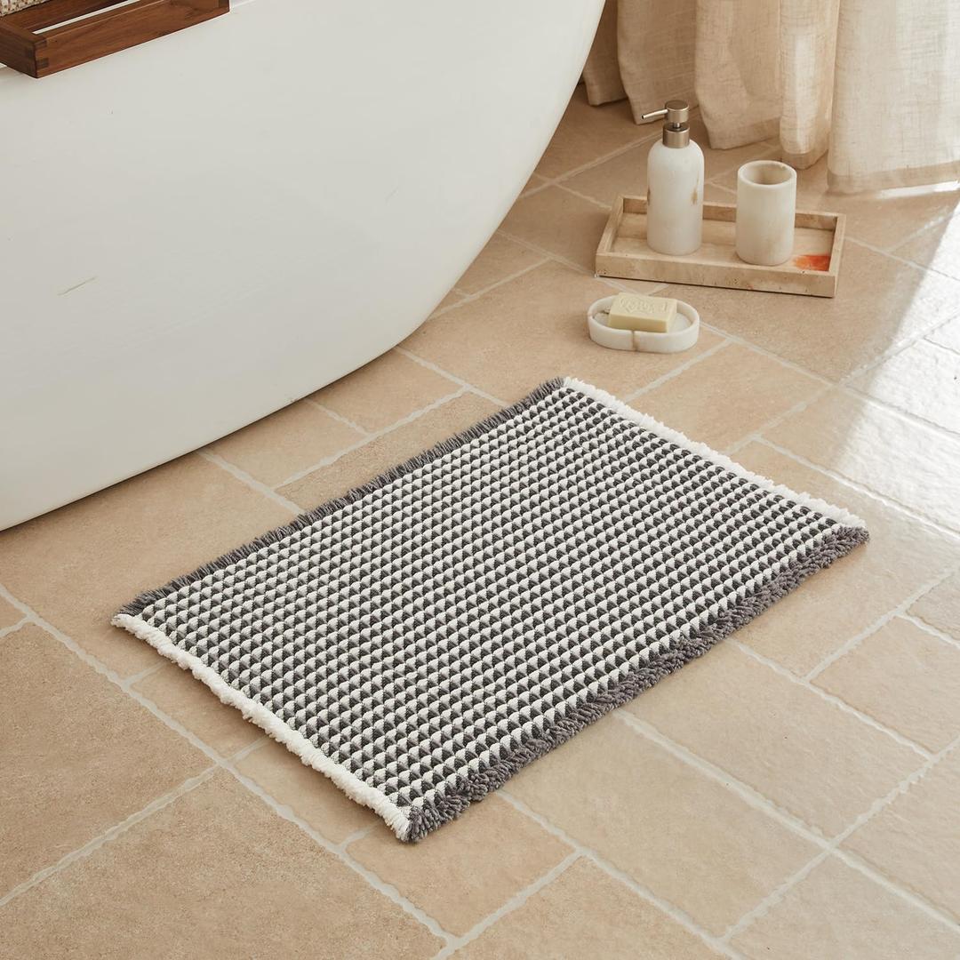 Waffle Bath Mat, Small Boho Bathroom Rugs Non Slip Washable, Ultra Soft Super Absorbent Quick Dry Farmhouse Bathroom Decor, 16" x 24", Grey & White