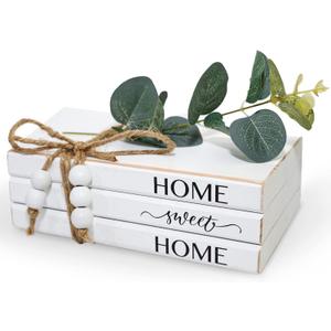 3 Pieces Wooden Decorative White Books, Rustic Farmhouse Faux Books for Coffee Table Shelves with Wood Bead Tassels and Leaves, 7'x 4.6'x 2.5' (Home, Sweet, Home)