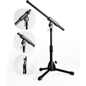 Stage Rocker Foldable Tripod Low-Profile Mic Boom Stand - Height Extending from 9.6'' to 16.9'', w/Adjustable Telescoping Arm Up to 9'', Lightweight/Convenient, Black, Powered by Hamilton(SR610121B)