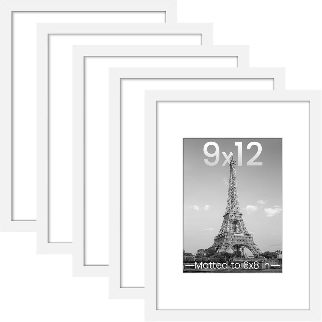 upsimples 9x12 Picture Frame Set of 5, Display Pictures 6x8 with Mat or 9 x 12 Without, Wall Gallery Photo Frames, White