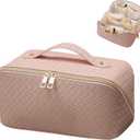 Travel Cosmetic Bag with Compartments - Large Capacity, Lay Flat, Pink Checkered Pattern PU Leather Portable Makeup Bag for Women & Girls