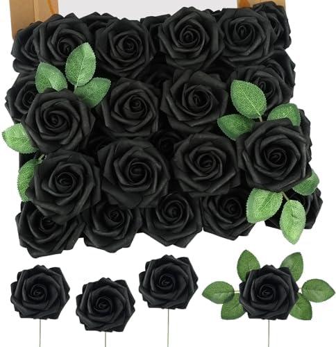 MACTING 60PCS Black Artificial Flowers Real Touch Fake Flowers with Stem Foam Roses for DIY Wedding Bouquets Table Centerpieces Bridal Shower Party Holiday Home Halloween Decorations