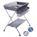 EGREE Baby Changing Table Portable Folding Diaper Changing Station with Wheels, Adjustable Height Mobile Nursery Organizer with Safety Belt and Large Storage Racks for Newborn Baby and Infant, Gray (Grey)