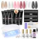 PEACECOLOR 24Pcs Poly Nail Gel Kit Starter Kit with Nail Lamp 6 Colors Pink Nude Black Poly Nail Extension Gel with 3Pcs Glossy/Matte Top Coat Nail Rhinestones DIY Home Gifts for Women