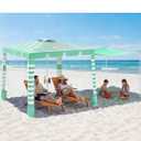 Rhino Valley Beach Cabana, 120 Sq. Ft Beach Canopy UPF50+ Protection, Easy Setup & Adjustable Height Beach Tent Sun Shelter with Cup Holder, Portable for 4-8 People, Light Green & White Stripes