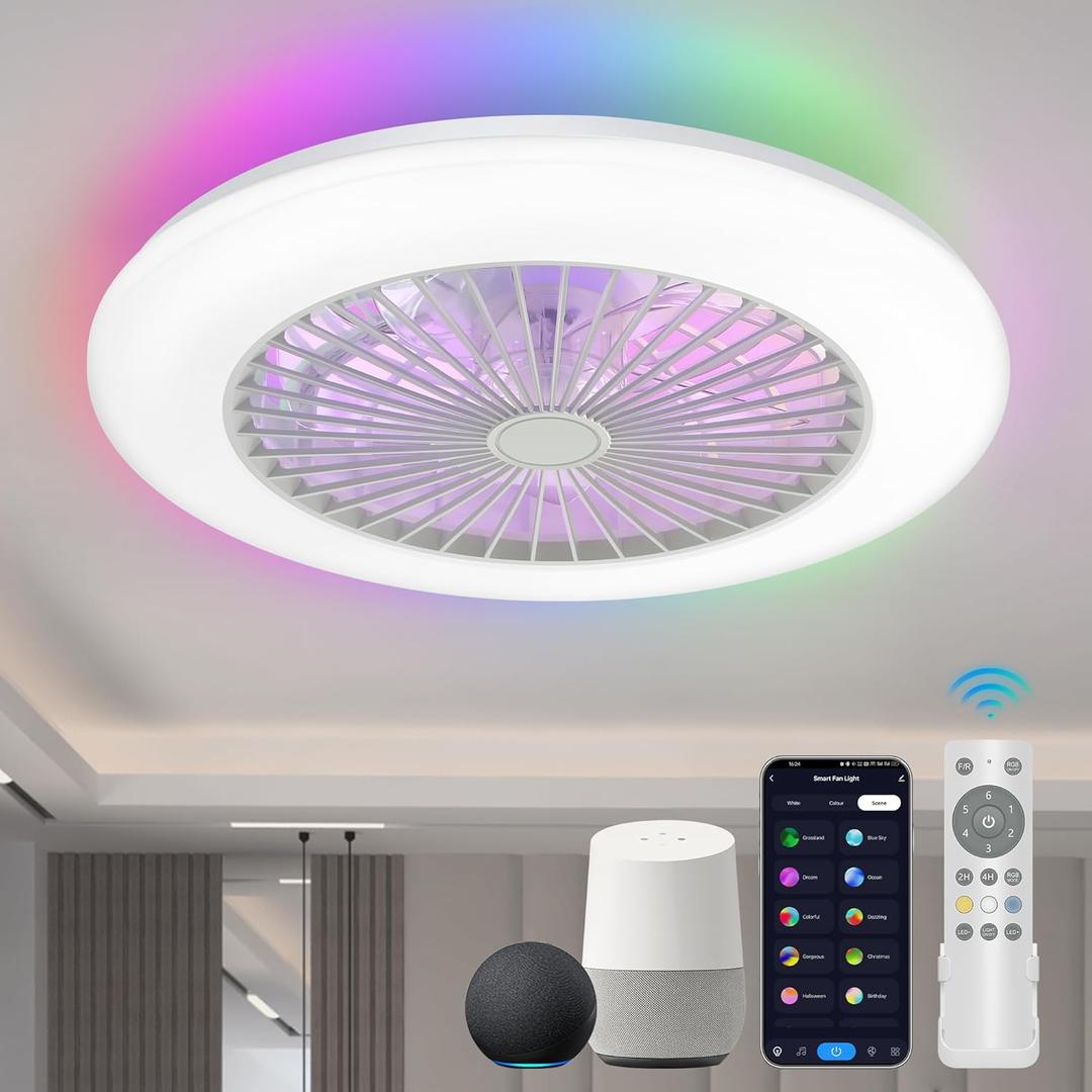 Low Profile Ceiling Fan with Light,19 in Smart Bladeless Ceiling Fans with Alexa/Google Assistant/App Control Ambient Light White Flush Mount Ceiling Fans for Bedroom and Living Room