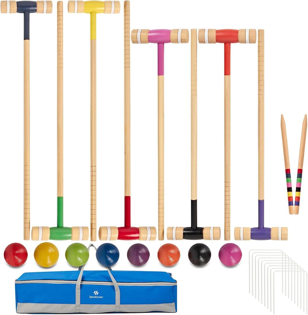 SpeedArmis 8 Players Croquet Set with 32In Regulation | 28In Standard Size Rubber Wood Mallets, Colored PE Ball, Wickets, 21In End Stakes - Lawn Backyard Game Kit for Teens/Adults/Family