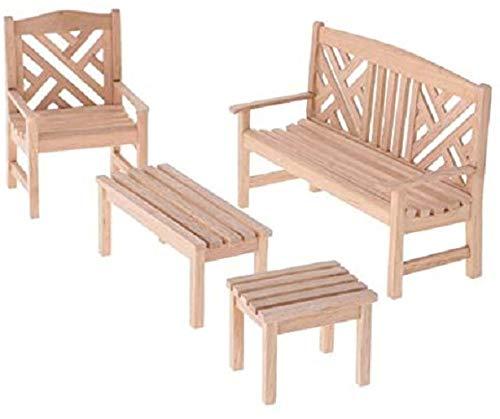 EatingBiting Dollhouse Accessories Furniture 1:12 Dollhouse Miniature Furniture Wooden Garden Unpainted Bench Chair 4 Pieces per Set, Including 1 Double Chair, 1 Single Chair, 1 Table, 1 Stool
