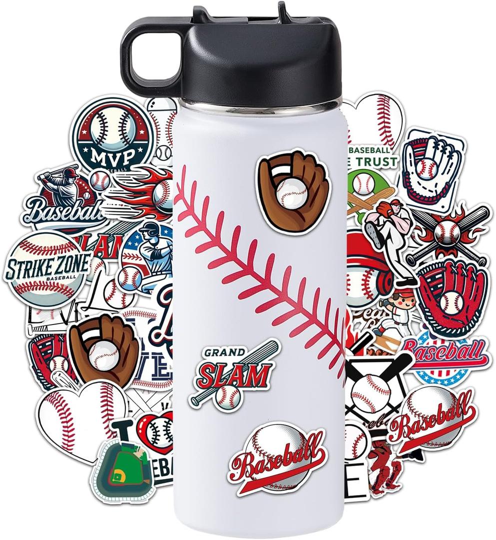 Baseball Water Bottles for Boys 18 oz and 100 PCS Baseball Stickers Sports Insulated Stainless Steel Water Bottle Baseballs Accessories Stuff Gear Gifts For 8-12 12-14 Player
