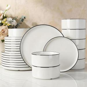 Famiware Porcelain 24-Piece Dinnerware Set, White with Black Trim
Plates and Bowls for 8, Dishwasher & Microwave Safe, Chip & Scratch Resistant, Ideal for Everyday & Formal Use