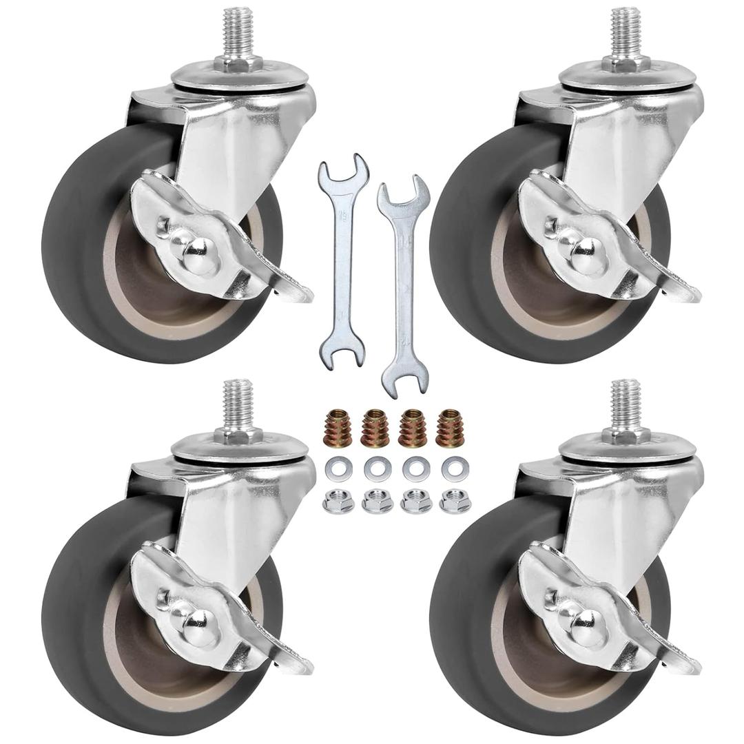 Caster Wheels, 3 Inch Stem Casters Set of 4, Heavy Duty Swivel Wheel with Brake, Metric Size M8-1.25-15 (Screw Diameter 8mm, Screw Length 15mm) Casters for Workbench Trolley, Furniture Dolly