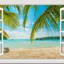 Beach Wall Art Decor Tropical Ocean Canvas Picture for Living Room White Window Frame Style Blue Seascape Paiting for Bedroom Coastal Theme Landscape for Home Office Decorations Ready to Hang(24"*36")