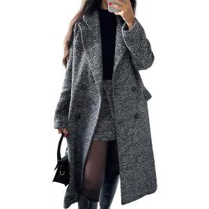 Chouyatou Women's Winter Casual Herringbone Wool Coat Double Breasted Notch Collar Dressy Long Trench Coat (Large, Grey)