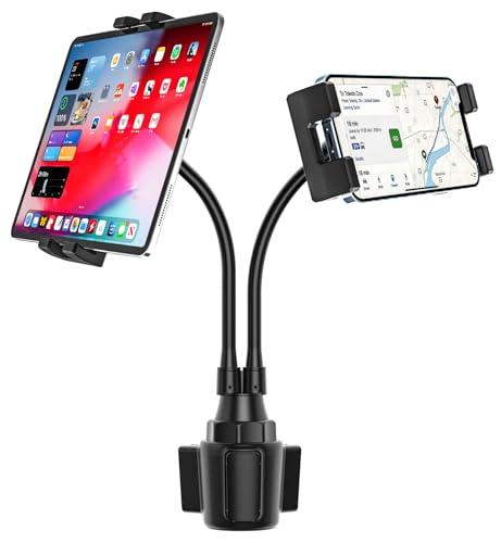 YOOZ Dual Car Tablet Mount for Cup Holder, Gooseneck Car Cupholder Tablet Holder with Strong Long Arm 10" for 4-12.9" Devices, iPad Pro Air Mini, Galaxy Tabs, Huawei, iPhone, Tablets & Phones