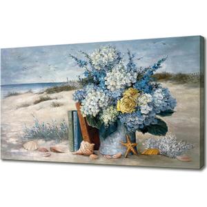 Coastal Blue Flower Wall Art for Living Room Beach Floral Canvas Print Modern Hydrangea Flowers Picture Ocean Theme Seascape Print Painting Hanging for Home Office Bedroom Dining Room 20x40inch