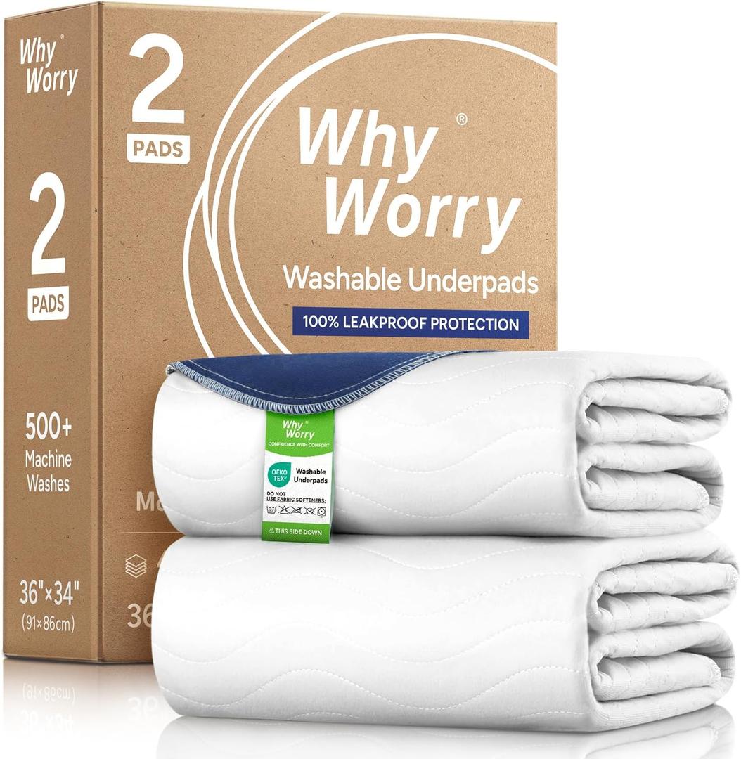WhyWorry Washable Bed Pads for Adult Incontinence, 34" x 36" (Pack of 2) Washable Pee Pads for Bed Wetting, Heavy Absorbency Reusable Underpads for Elderly & Kids, Waterproof Mattress Protector, White