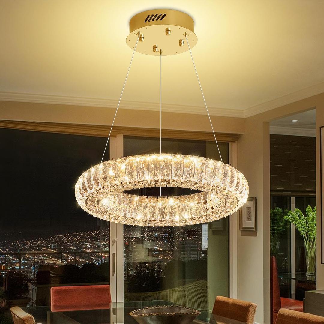 Modern LED Gold Ring Chandelier Dimmable Gold Crystal Ring Pendant Light Adjustable Round Crystal Chandelier Light for Dining Room Living Room 15.7in