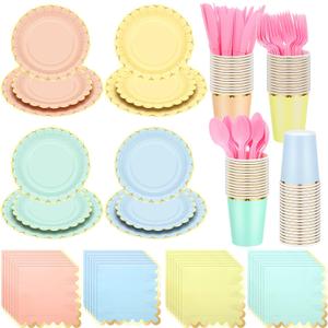 Yaomiao 168 Pcs Disposable Dinnerware Set Party Supplies, Scalloped Paper Plates Cups Napkin with Gold Foil Plastic Forks Knives Spoons Serve 24 Guests for Birthday Baby Shower (Multicolor,Round)