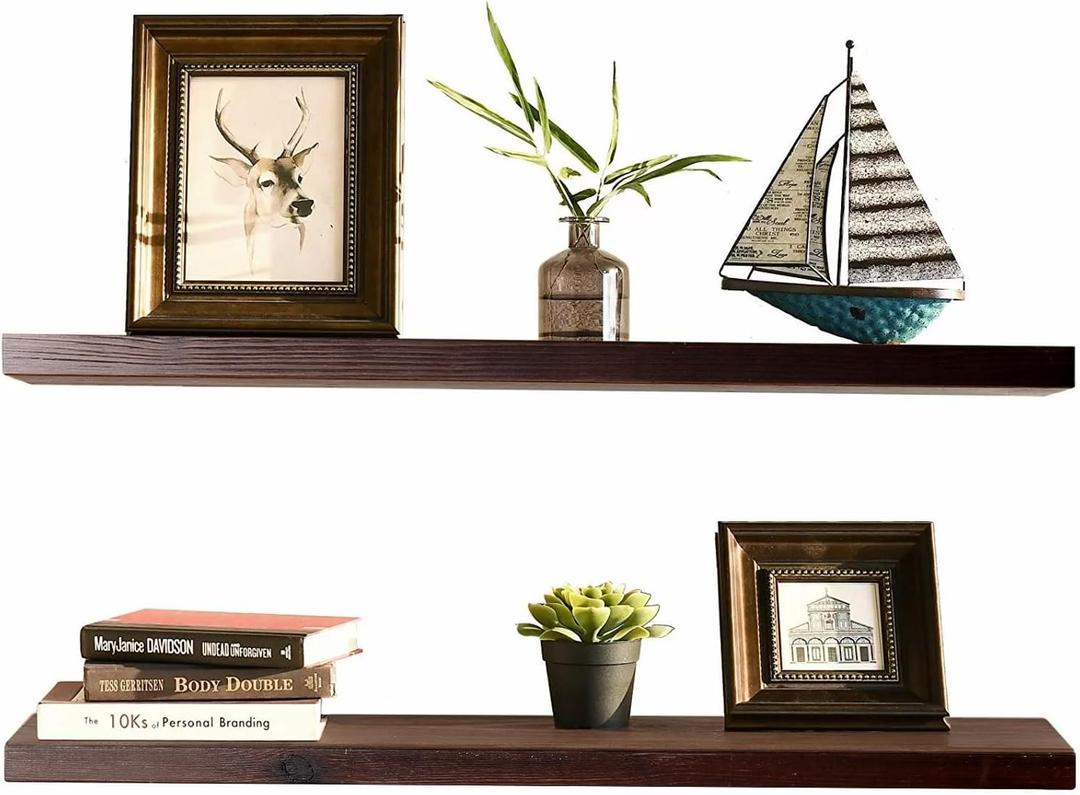 WELLAND Bradley Brown Floating Shelves Set of 2 Handmade Wood Wall Shelves Rustic Wall Mounted Shelves 5" Deep Narrow (Dark Brown, 36 inch)