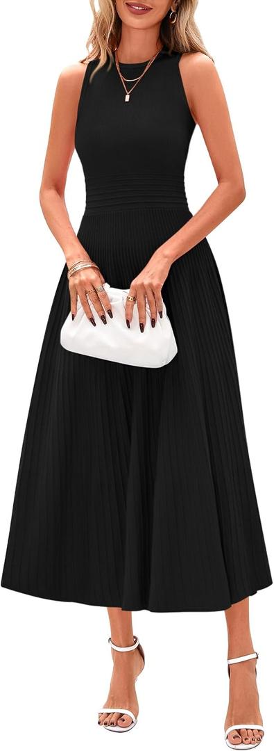 PRETTYGARDEN Spring Casual Dresses for Women 2026 Summer Business Work Midi Sleeveless A Line Pleated Cocktail Dress (Black, L)