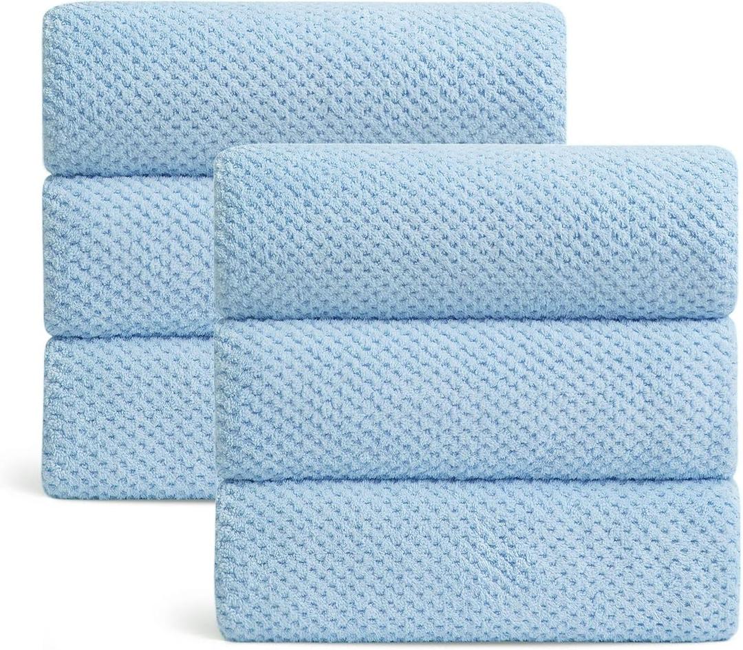 Ultra Soft Towel Set of 6, Blue Microfiber Big Bath Towel Sheets 28x55 Inches, Luxury Plush Towels- Waffle Weave Design, Highly Absorbent, Quick Dry, Premium Quality Towel Set for Bathroom 