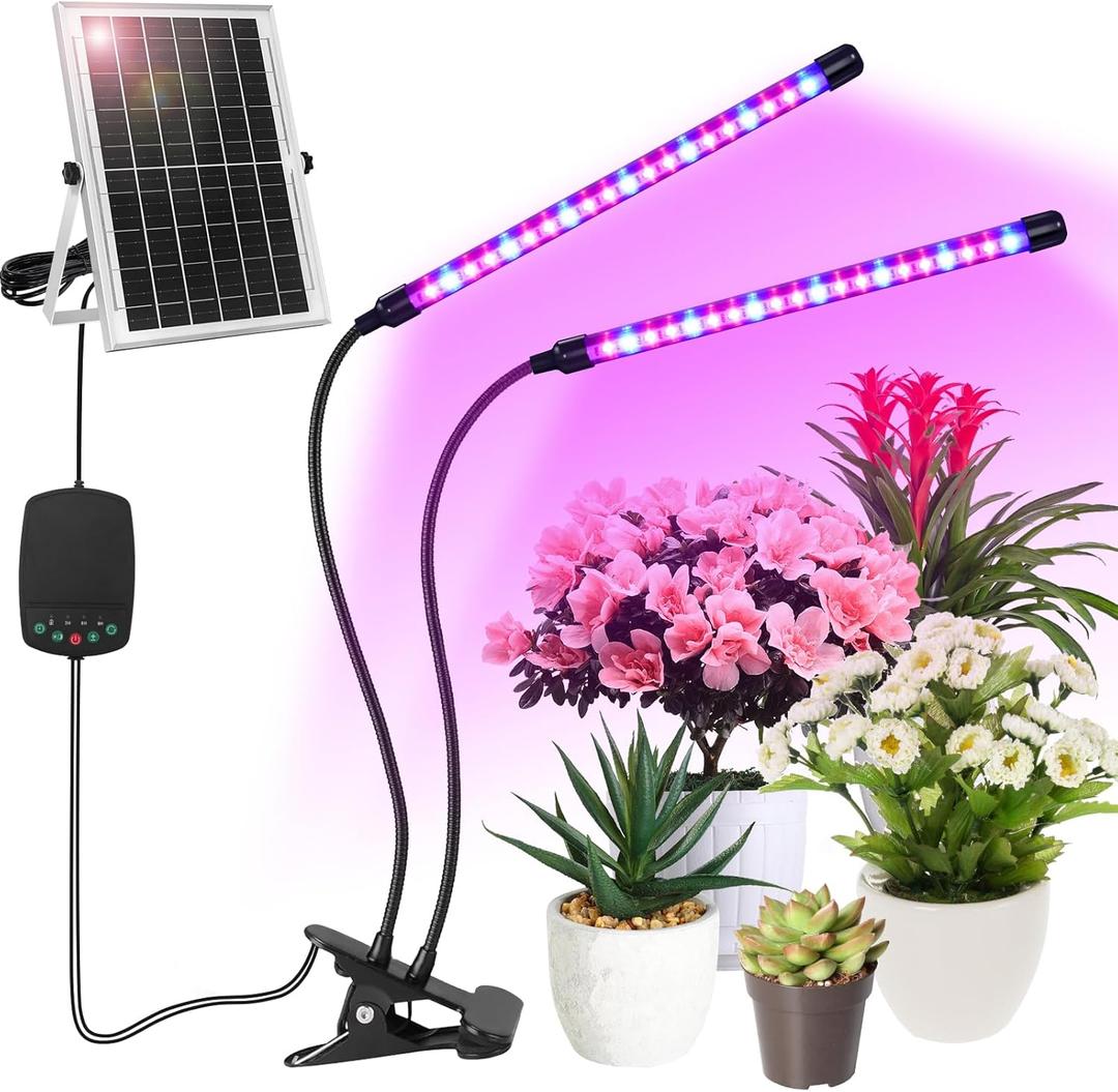 Solar Plant Grow Light with Battery Run Day/Night, 2 Heads 40 LED Clip On Full Spectrum Plant Light with 16.4FT Cable/USB Charging/Timer/Dimmable for Outdoor Indoor All Stage Plants