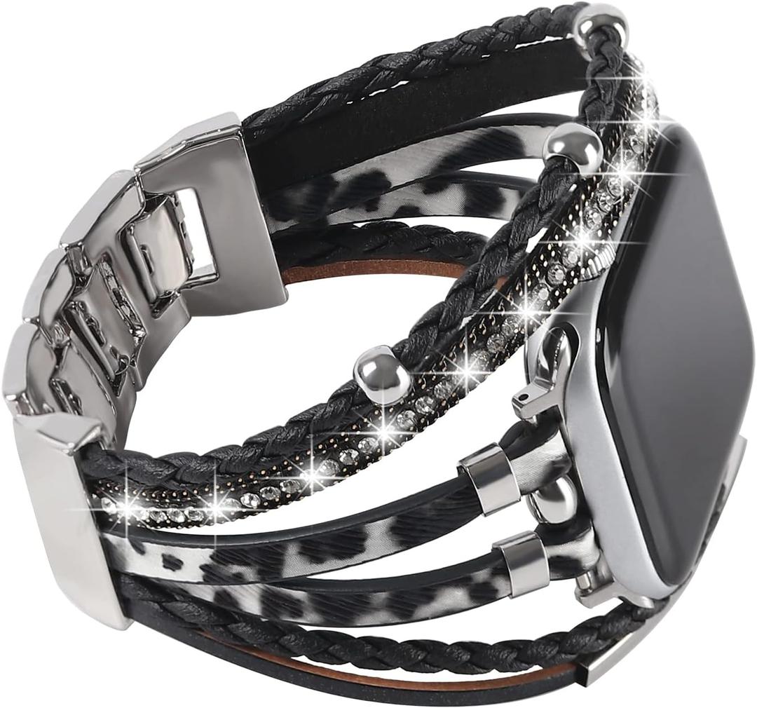 WONMILLE Posh Leather Bands Compatible With Apple Watch 45mm 44mm 42mm Women, Boho Bracelets Jewelry Multilayer Wrap Strap for iwatch Series SE 7 6 5 4 3 2 1 (Black White, 42mm/ 44mm/ 45mm)