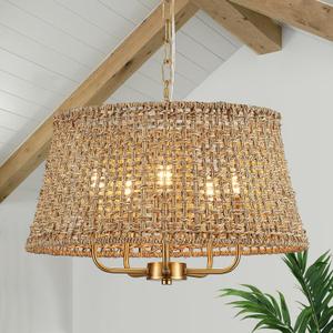Hand-Woven Rattan Chandelier Vintage Farmhouse Boho Bamboo Chandeliers Light Fixture Retro Drum Wicker Rattan Gold Chandelier for Dining Room, Kitchen, Living Room