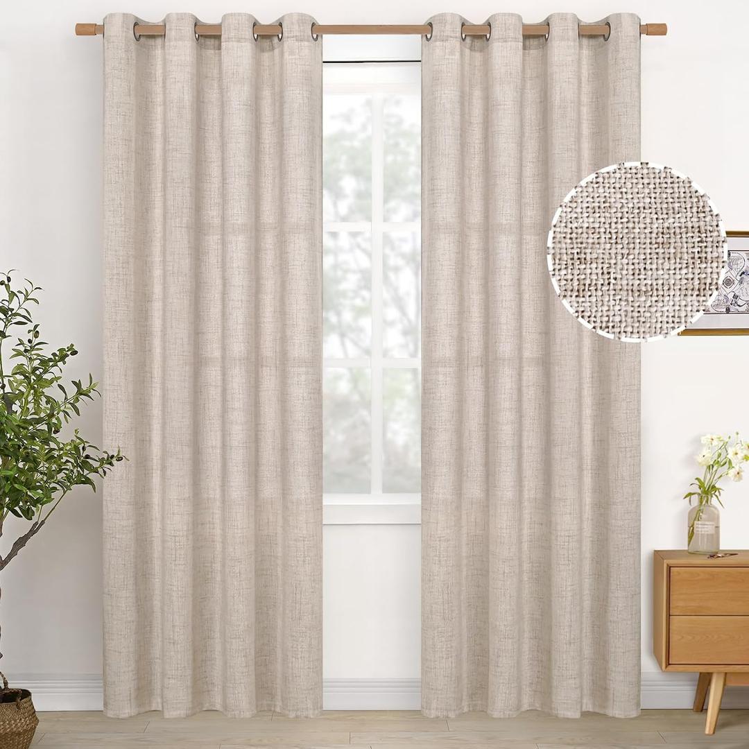 YoungsTex Linen Curtains 80 Inches Length 2 Panels for Living Room, Semi Sheer Drapes with Bronze Grommet Light Filtering for Living Room Bedroom Rustic Farmhouse Lightweight, 52 x 80 Inch (Natural)