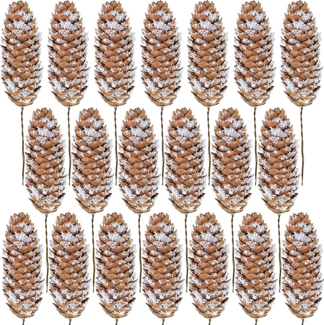 Winlyn 20 Pcs Christmas Natural Pine Cone Picks Snowy Spruce Pine Cones 5.9" Christmas Tree Decorations Hanging Pinecones for Christmas Tree Wreath Garland DIY Crafts Holiday Party Centerpiece