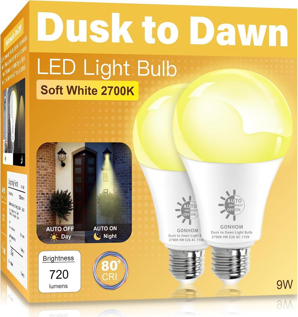 2 Pack Dusk to Dawn Light Bulbs Outdoor, 2700K Warm White, 720LM, 9W(60W Equivalent) A19 E26 Automatic On/Off LED Sensor Light Bulbs, Dusk to Dawn Outdoor Lighting for Porch Garage Patio